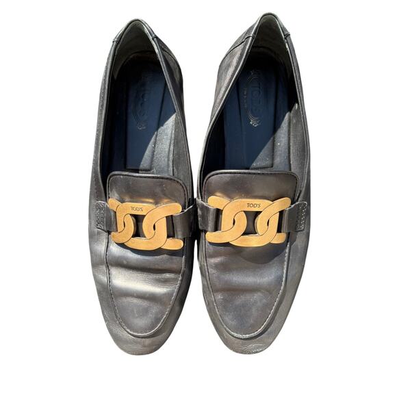 Tod’s Kate Loafers Black Leather Gold Chain Women’s Size 37.5 (US 7.5) - Picture 1 of 9